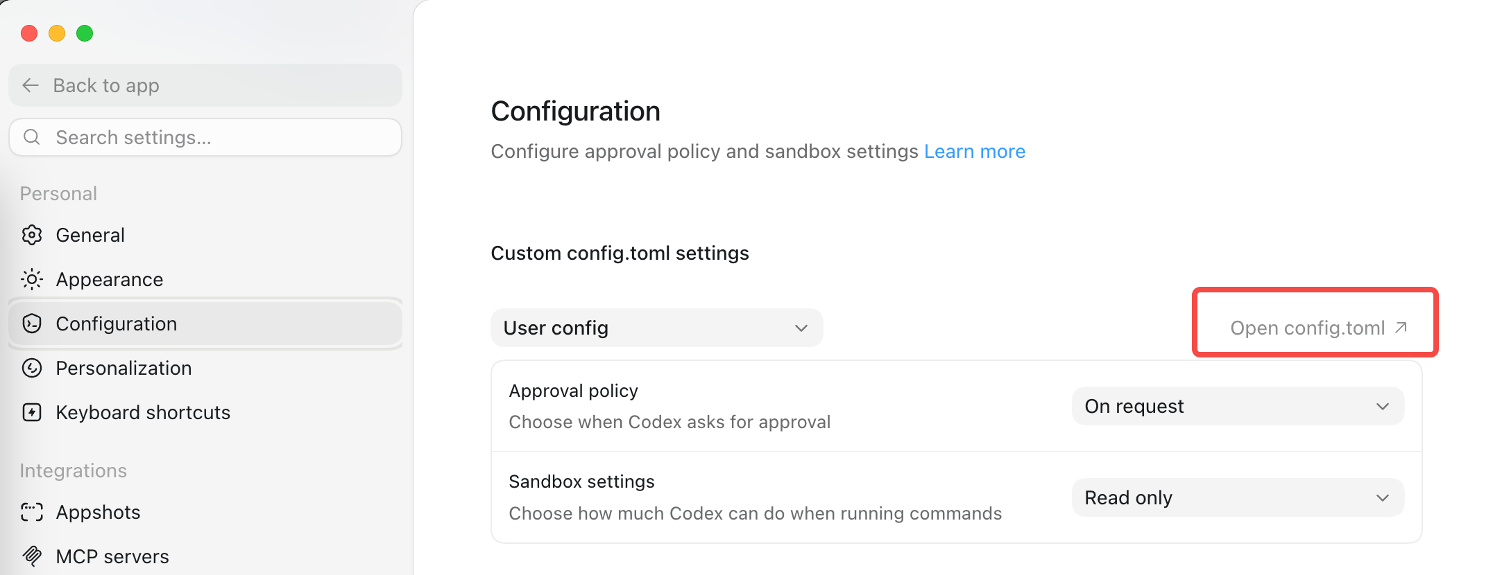 Open config.toml in Codex Desktop